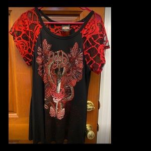 Ladies red and black sequins Harley blouse with a v shape lace back.